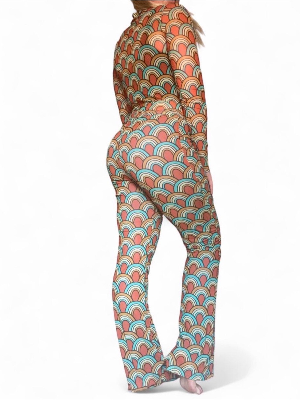Nasty Gal Retro Art Deco Rainbow Mesh Crop Top & Wide Leg Pants Set Size 8